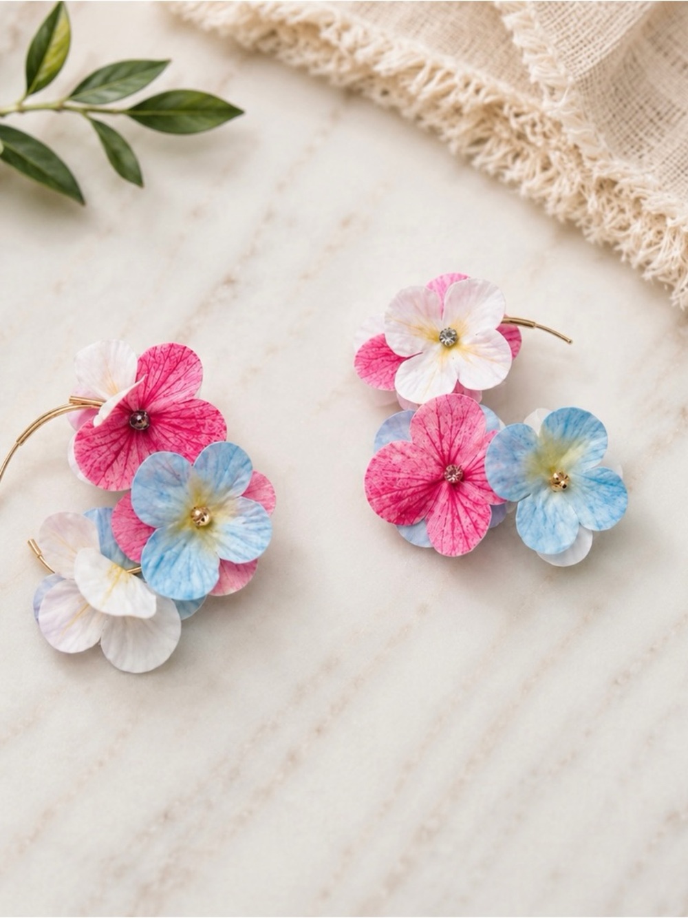 Multicolor Floral Statement Earrings Pink Blue White Gold Tone